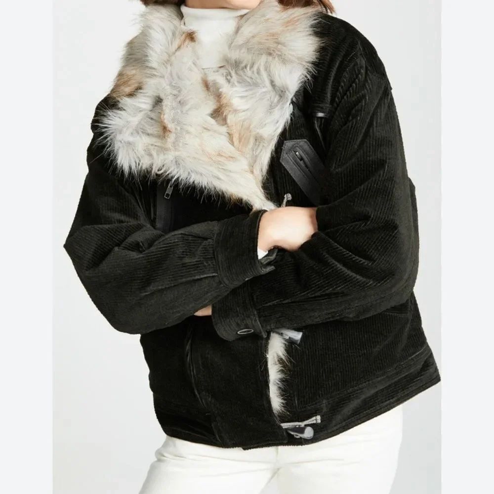 Free People Windy City Jacket Faux Fur Collar Corduroy Moto Coat